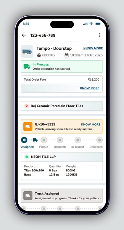 Morbi transport app – order status from assigned to delivered