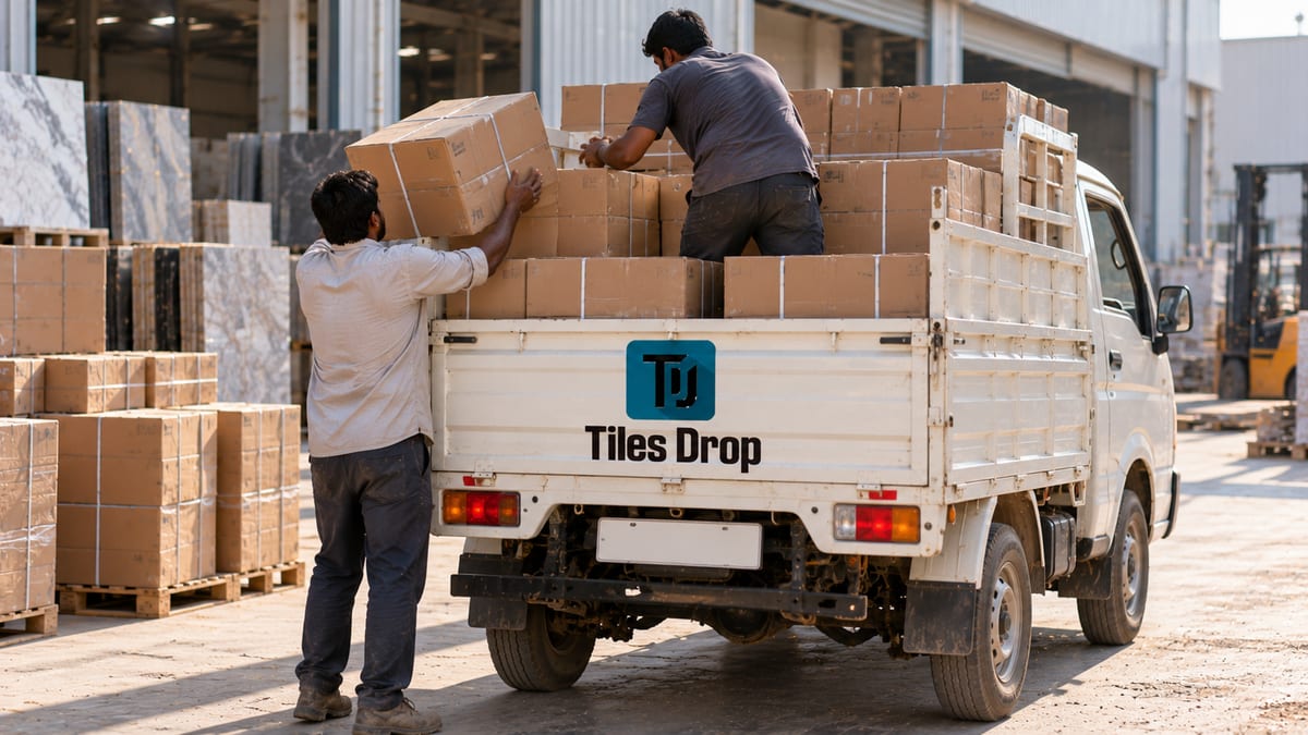 Loading tempo Morbi – workers loading tiles boxes into a Tiles Drop tempo