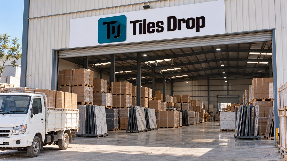 Tiles godown in Morbi with stacked tile boxes, slabs and a loading tempo