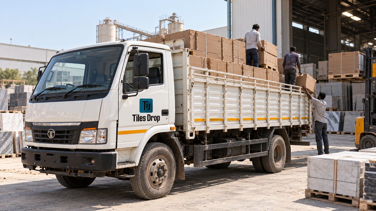 Truck loading tiles in Morbi for transport to Mumbai